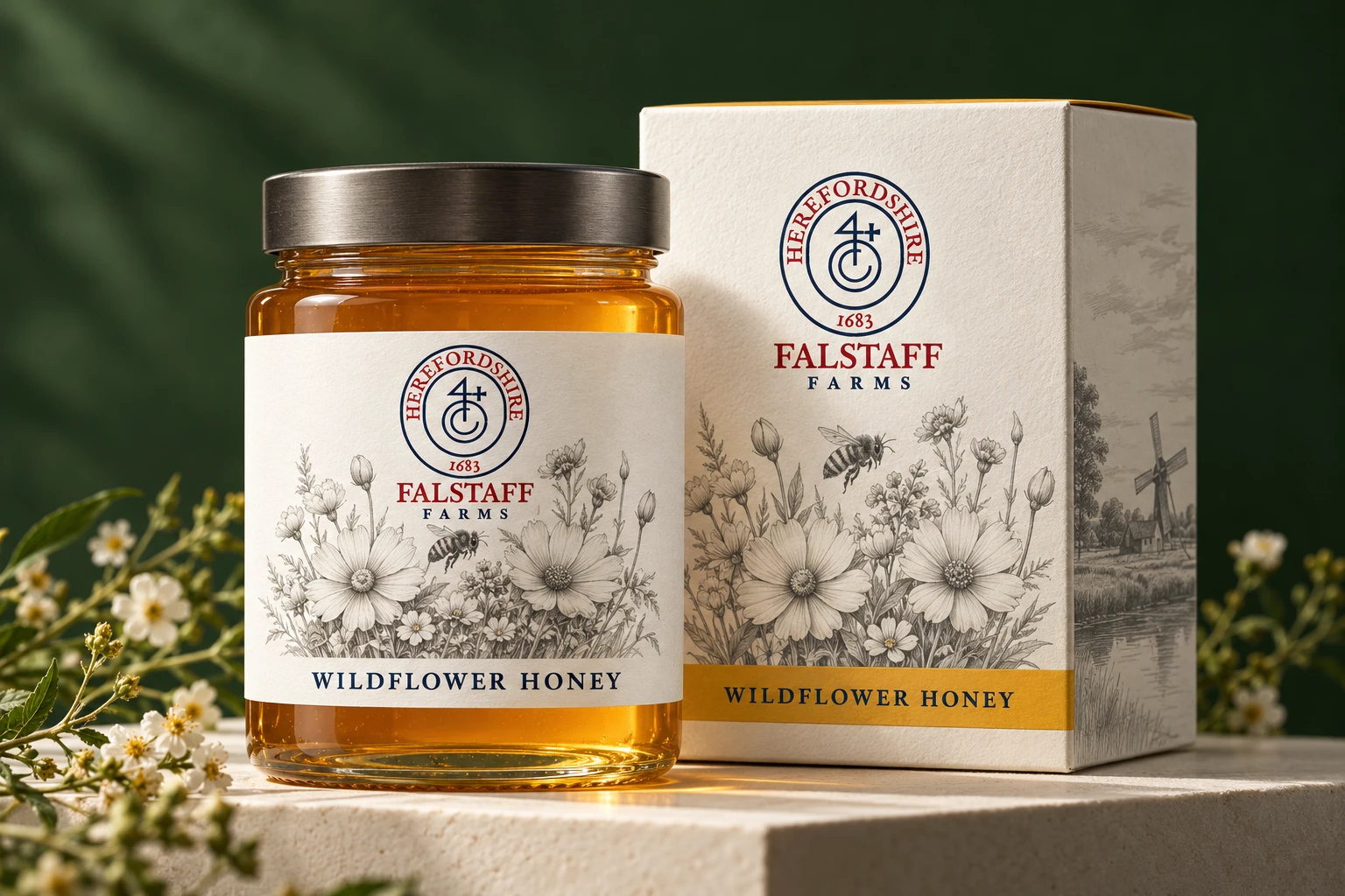 Falstaff Farms honey jar and illustrated ivory carton, presented in a woodland-green packaging visualization