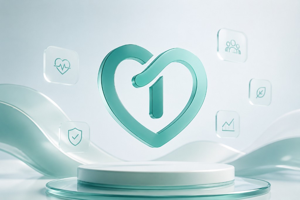 1Health logo with healthcare icons on a glass podium illustration