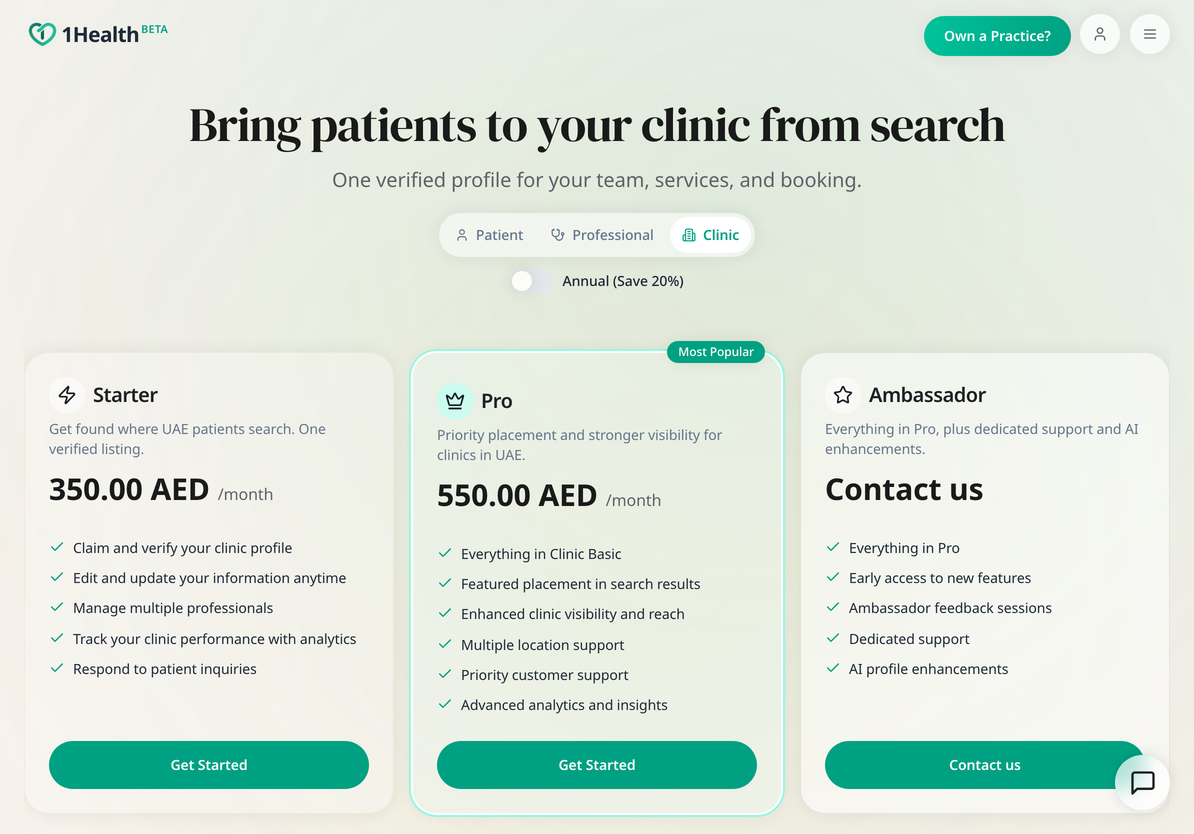 أسعار إدراج العيادات على 1Health معروضة على iPad