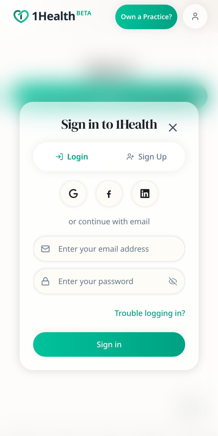 شاشة تسجيل الدخول إلى 1Health على iPhone