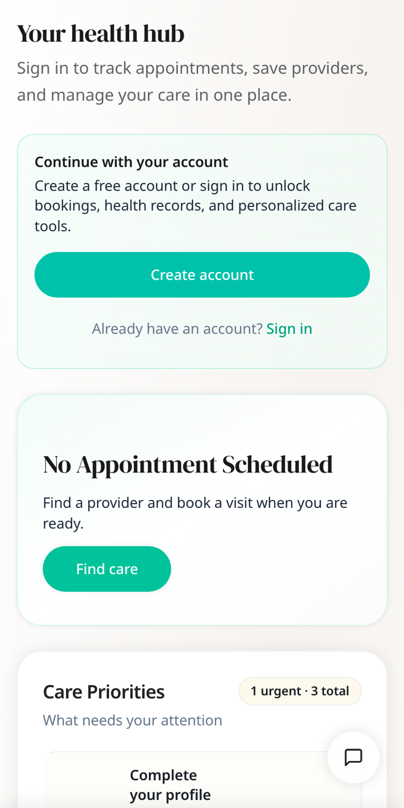 المساحة الصحية للمريض على 1Health معروضة على iPhone