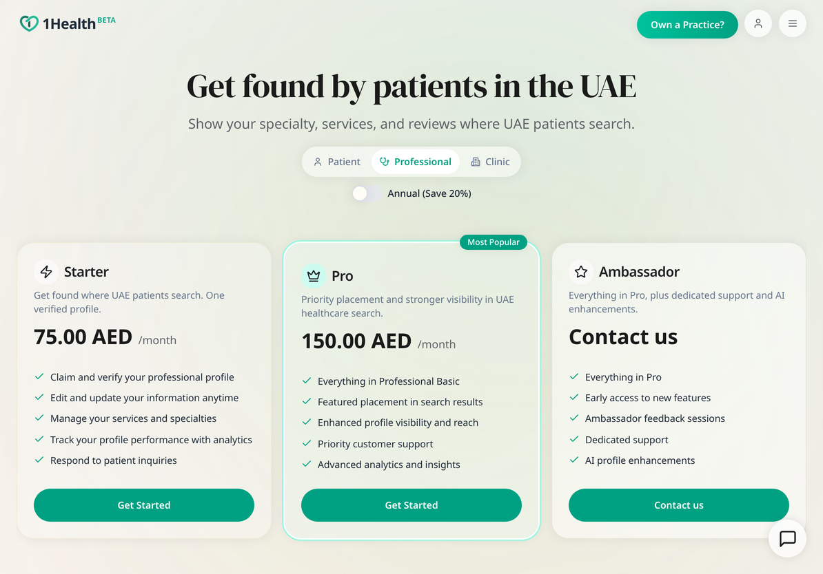 أسعار إدراج المهنيين على 1Health معروضة على iPad