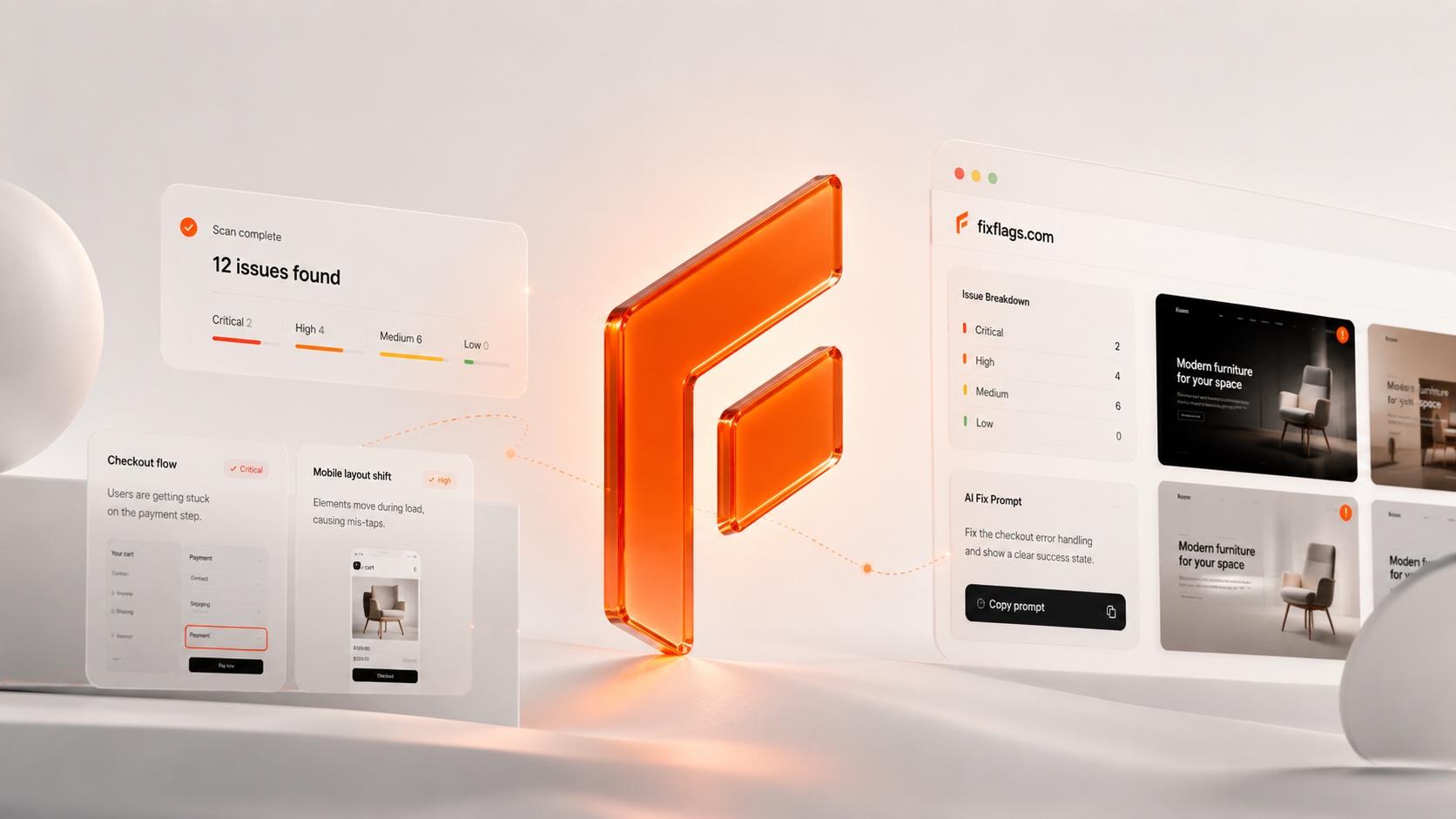 Orange FixFlags F with a product review, issue cards, and the live report on a white field