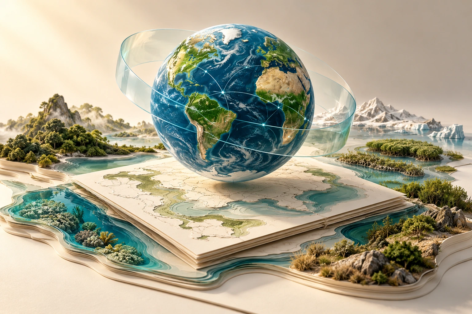 Illustration conceptuelle de la Terre et d’un atlas des écosystèmes pour le suivi mondial de la biodiversité