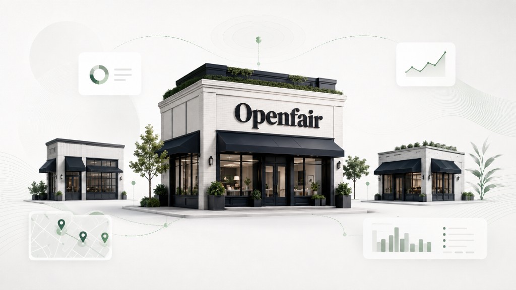 Openfair storefront illustration with charts, maps, and financial data panels