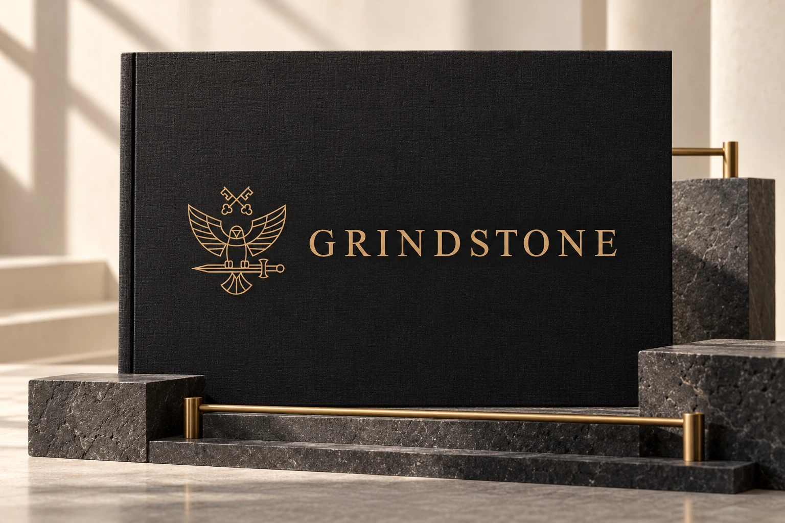 Identité Grindstone dorée sur un portfolio graphite, accompagnée de formes en pierre reliées