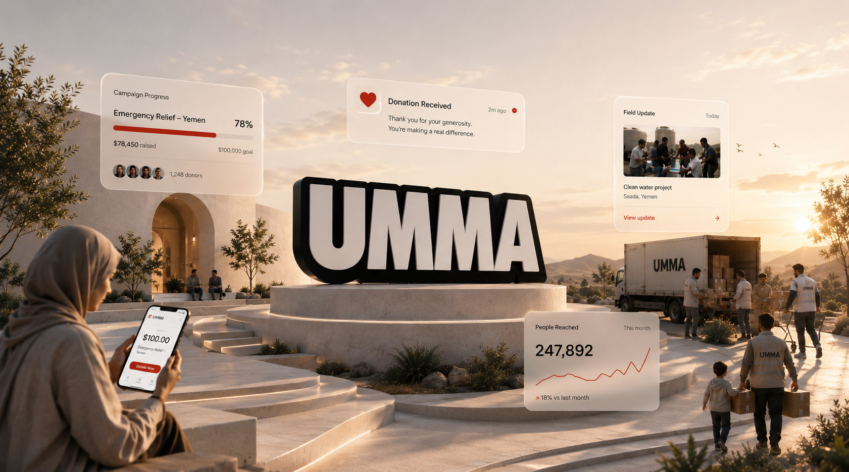UMMA wordmark on a sunlit plaza with donation cards, a Yemen field update, an aid truck, and a donor giving from a phone