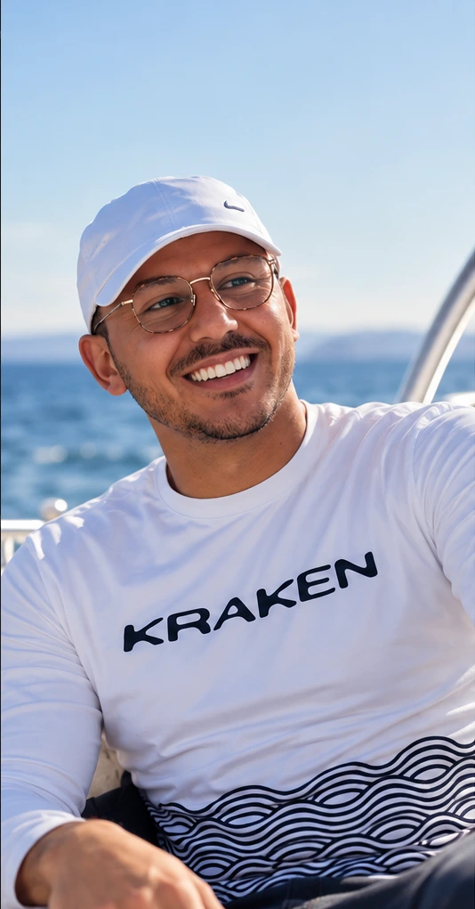 Saad on a boat, wearing a white Kraken shirt.